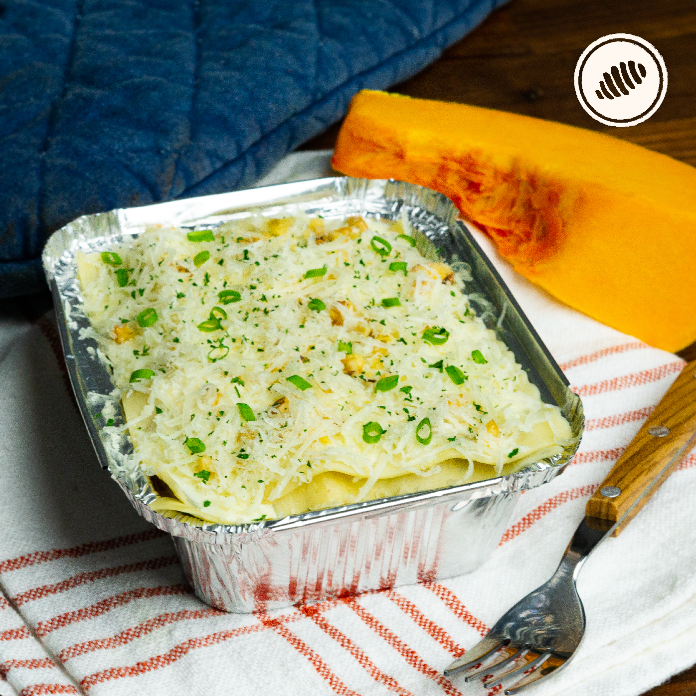 Lasagna de calabazas rostizadas, queso manchego, salsa bechamel y walnuts; Bowl individual, para hornear en casa. Realizada con masa de pasta fresca, homemade style Puerto Rico. Delivery San Juan, Guaynabo, Carolina, Trujillo, Bayamon, Dorado, Toa Alta, Toa Baja. Pick Up Miramar, Santurce.