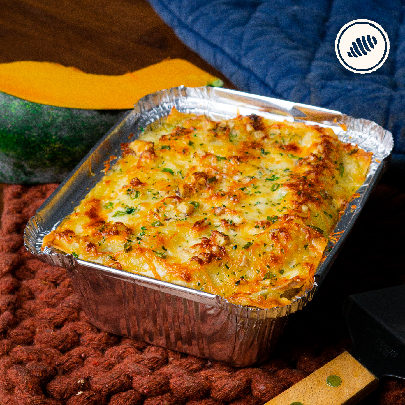 Lasagna de calabazas rostizadas, queso manchego, salsa bechamel y walnuts; Bowl individual, para hornear en casa. Realizada con masa de pasta fresca, homemade style Puerto Rico. Delivery San Juan, Guaynabo, Carolina, Trujillo, Bayamon, Dorado, Toa Alta, Toa Baja. Pick Up Miramar, Santurce.
